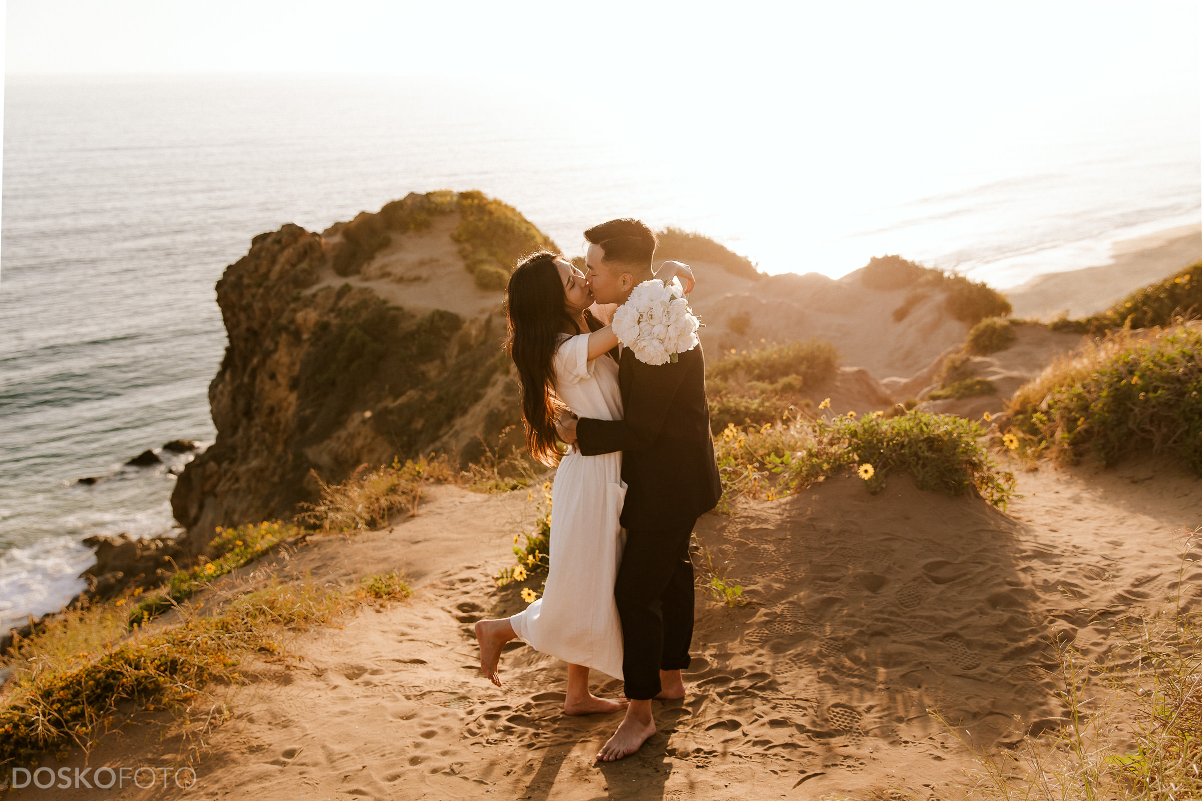 Malibu Point Dume Korean Cliff Kiss Engagement Photos by DOSKOFOTO